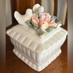 Porcelain Dove Trinket Box Hand-painted Floral Lid Small Vanity Decor